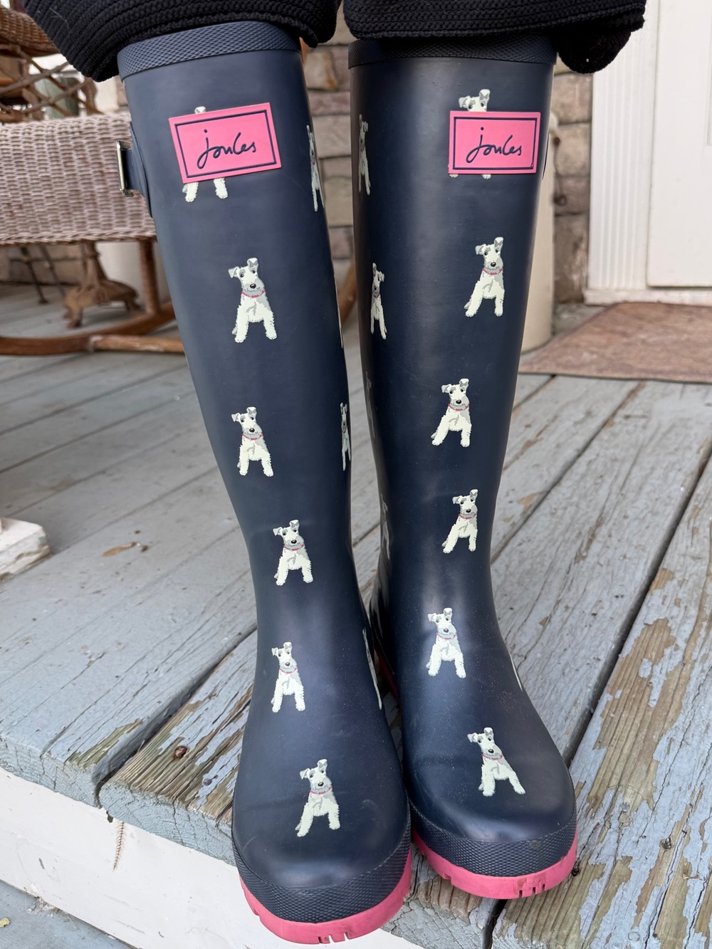 Joules Navy Rain Boots with White Dog Print and Pink Trim
